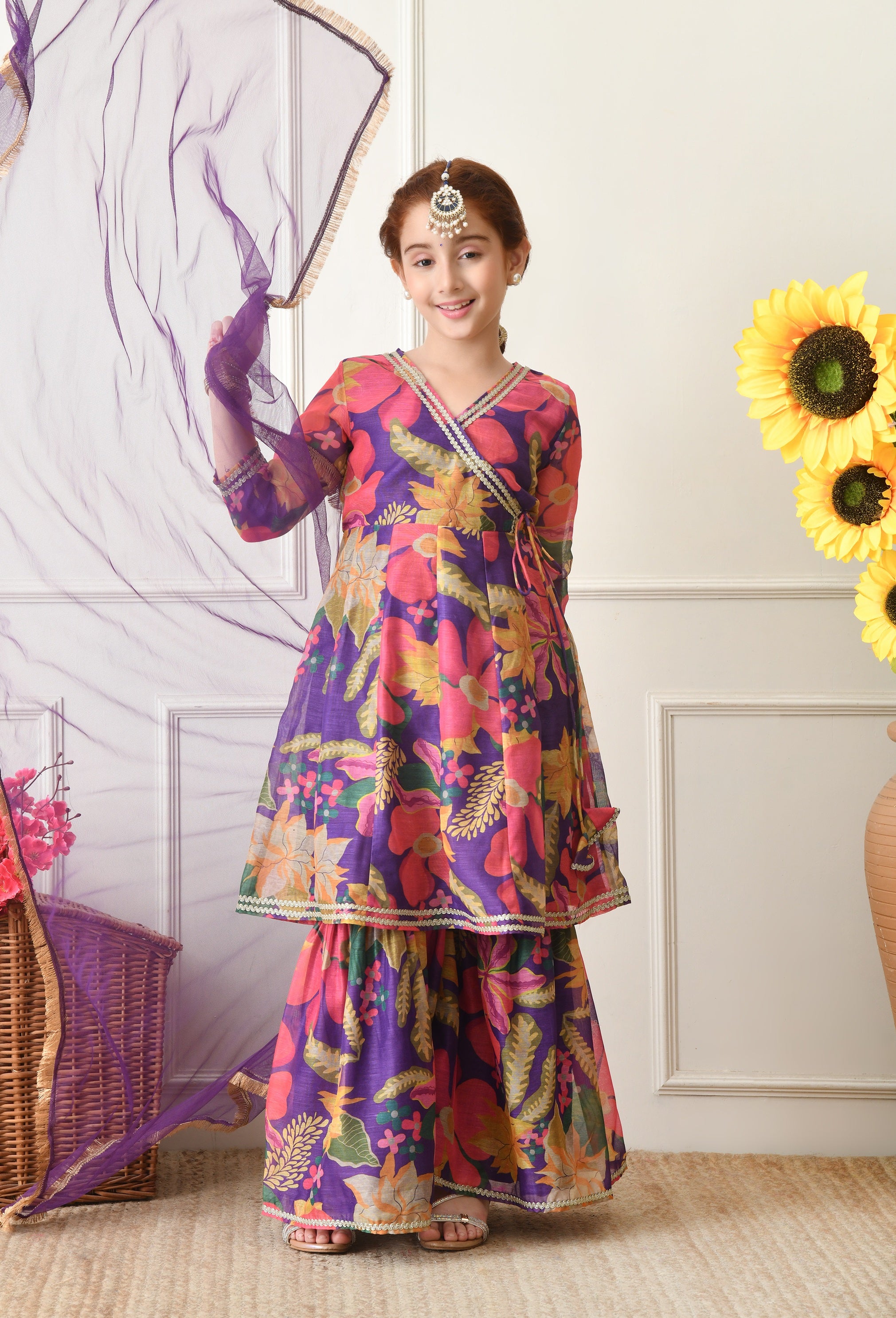 Girls Purple Floral Angrakha Sharara Set with Dupatta Festive Wear for Girls