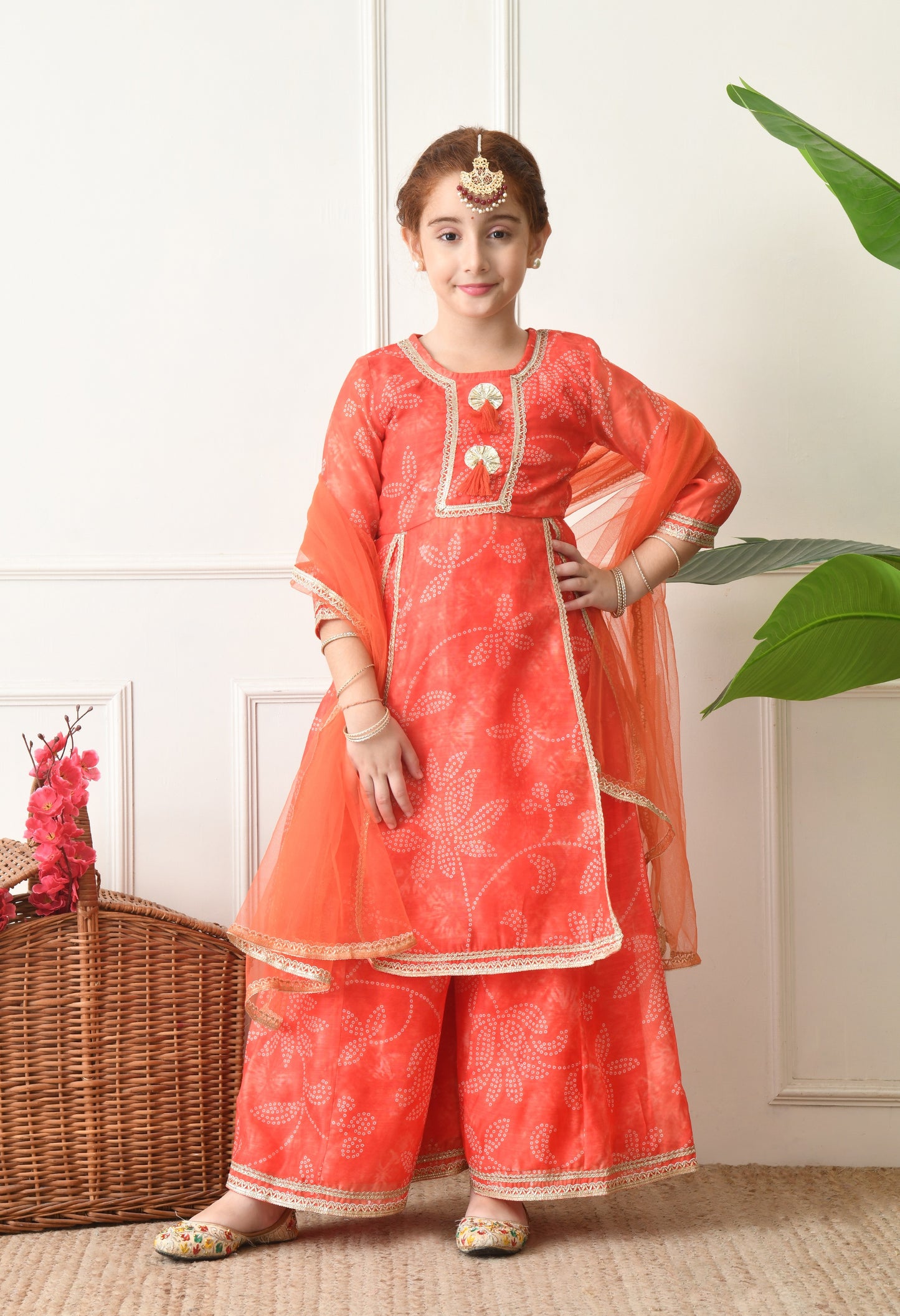 Girls Peach Floral Bandhej Printed Panelled Kurta Sharara Set with Dupatta