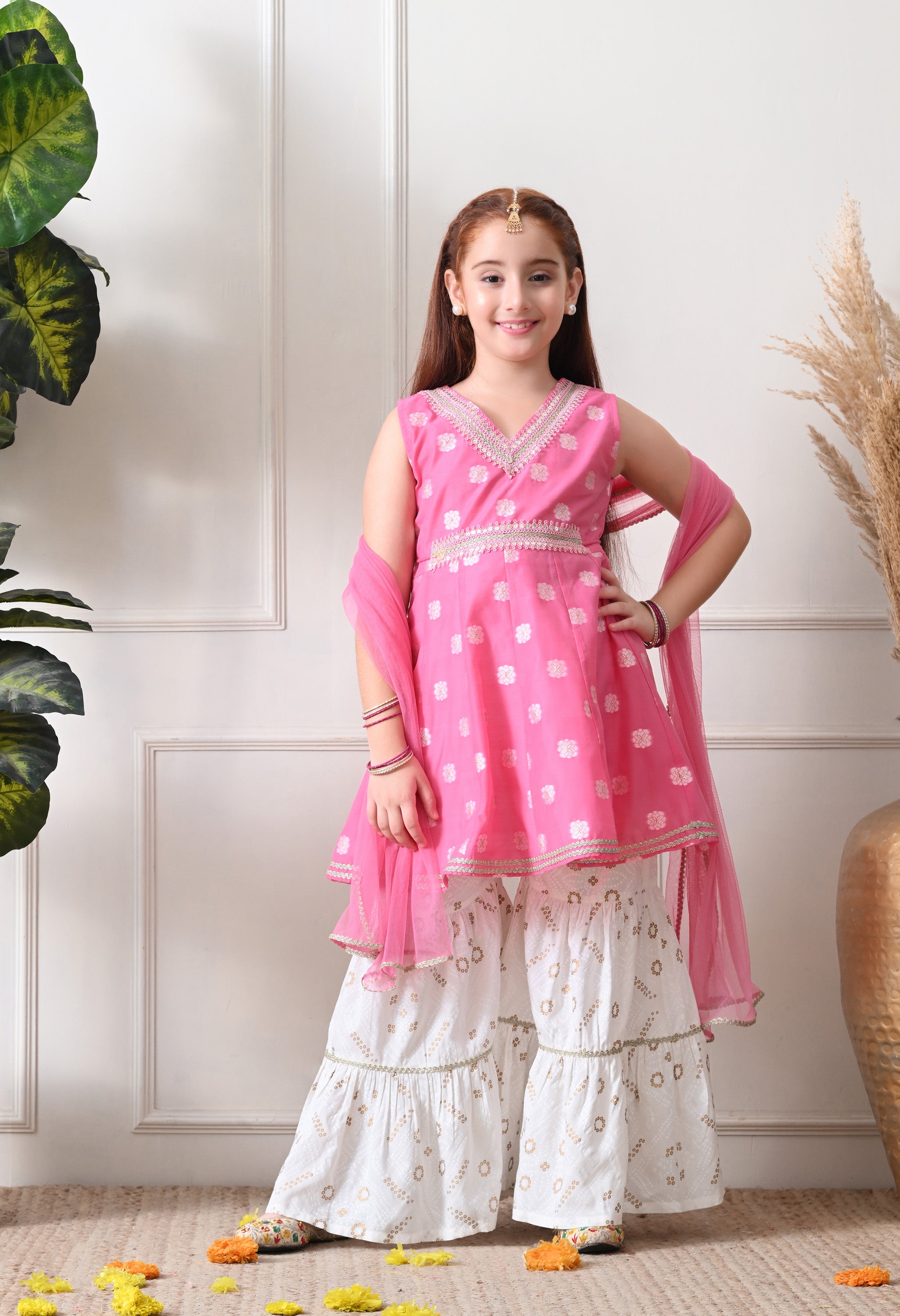 Girls Baby Pink Jacquard Kurta with White Sharara Set