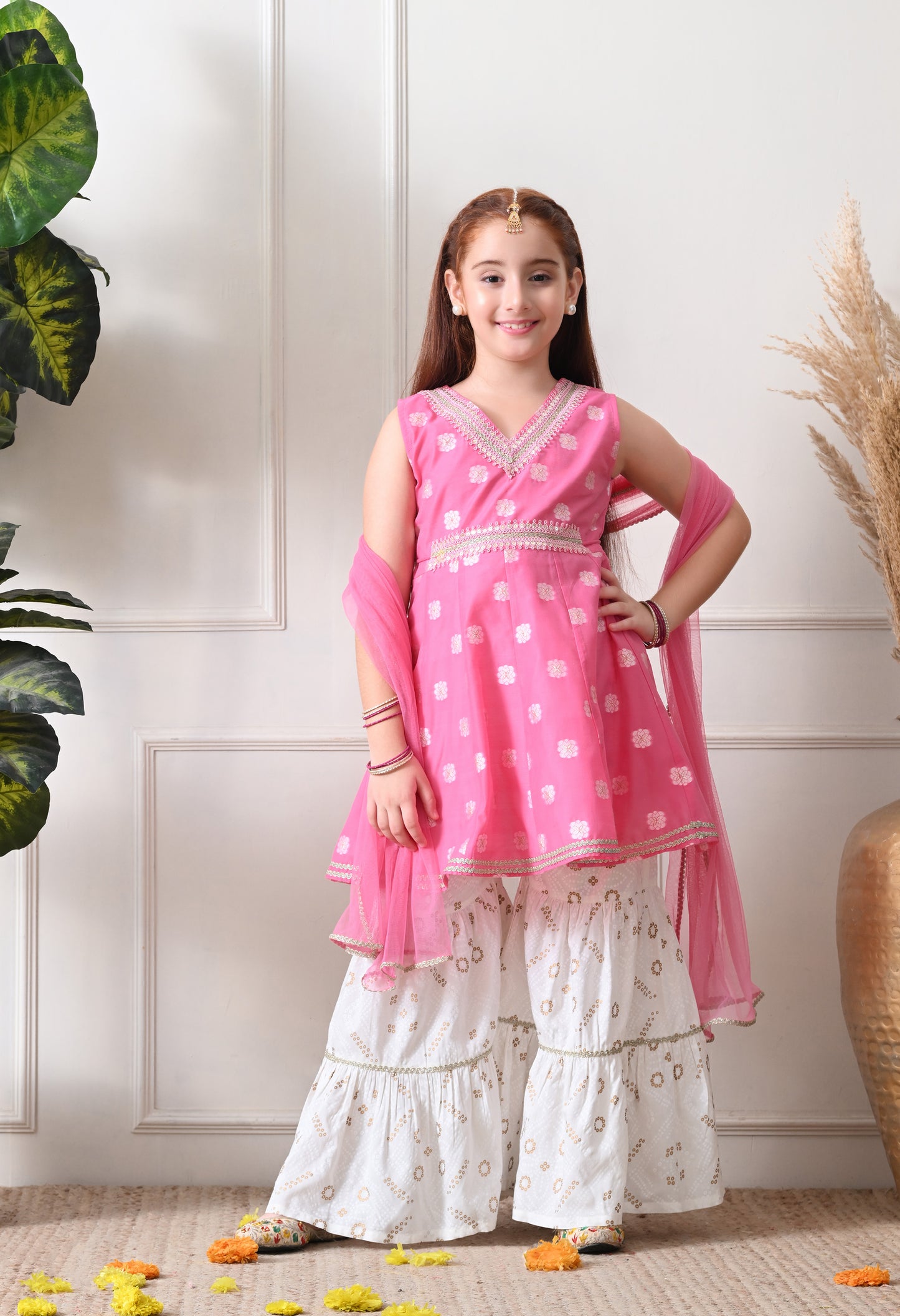 Girls Baby Pink Jacquard Kurta with White Sharara Set