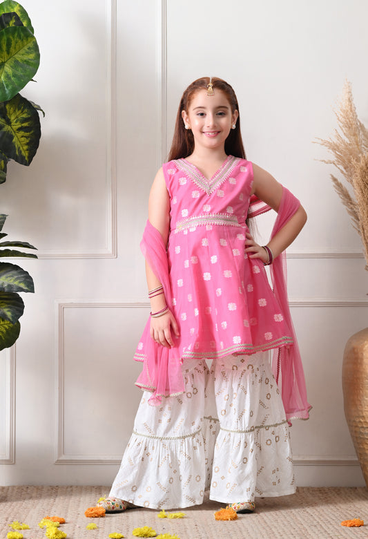 Girls Baby Pink Jacquard Kurta with White Sharara Set