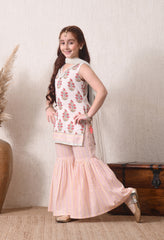 Girls Off White Printed Kurta Sharara Set with Dupatta