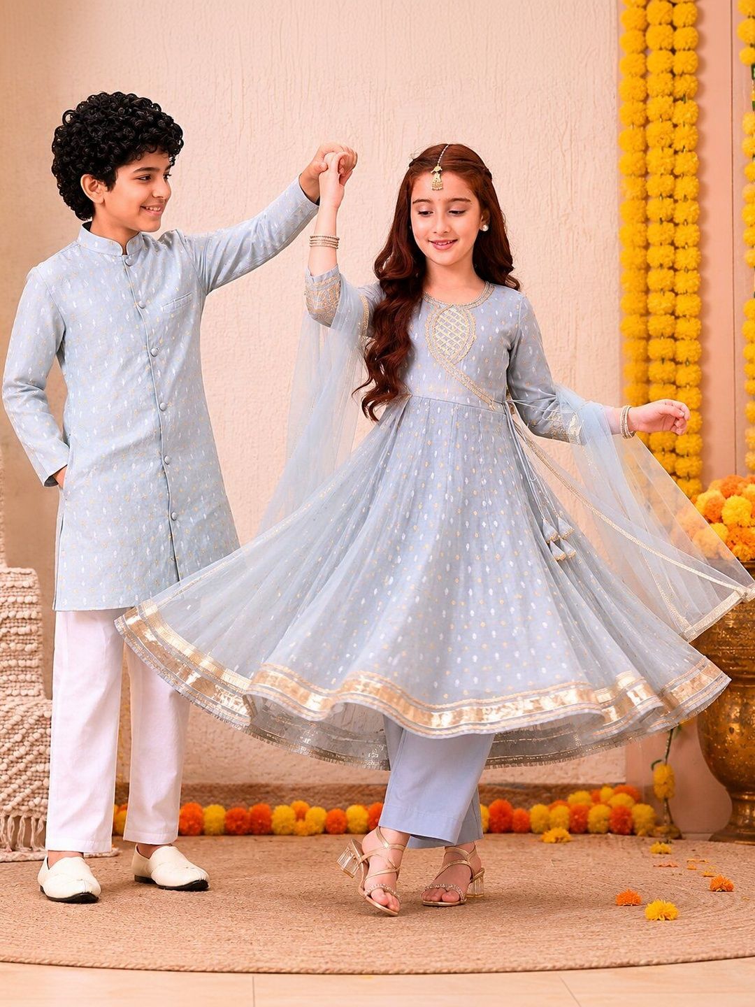 Indi Loom Couture Boys Blue Yarn Dyed Blazer Kurta with Pyjama Set ILBKS38
