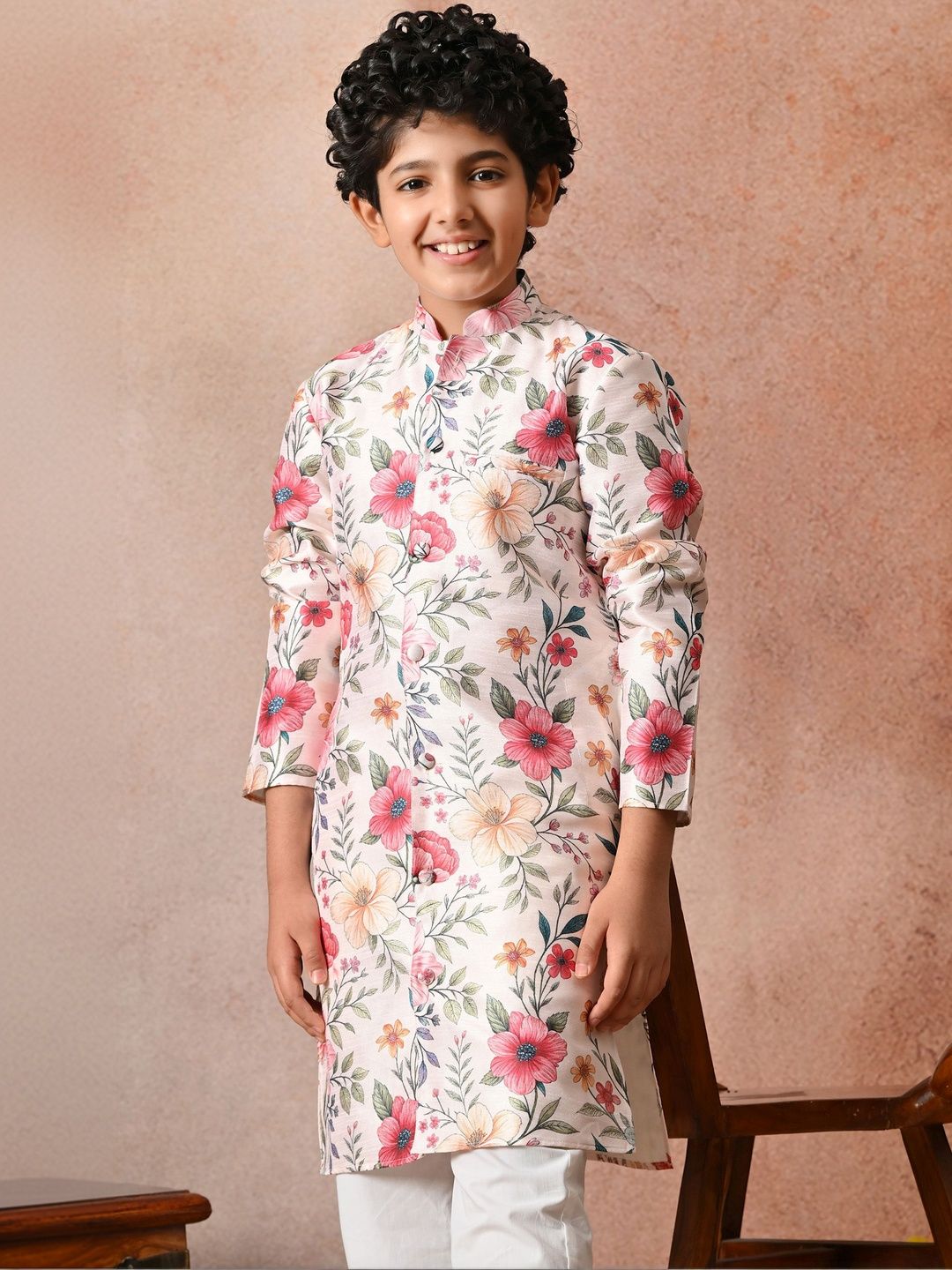 Indi Loom Couture Boys Cream Floral Printed Ethnic Kurta with White Pajama Set ILBKS31
