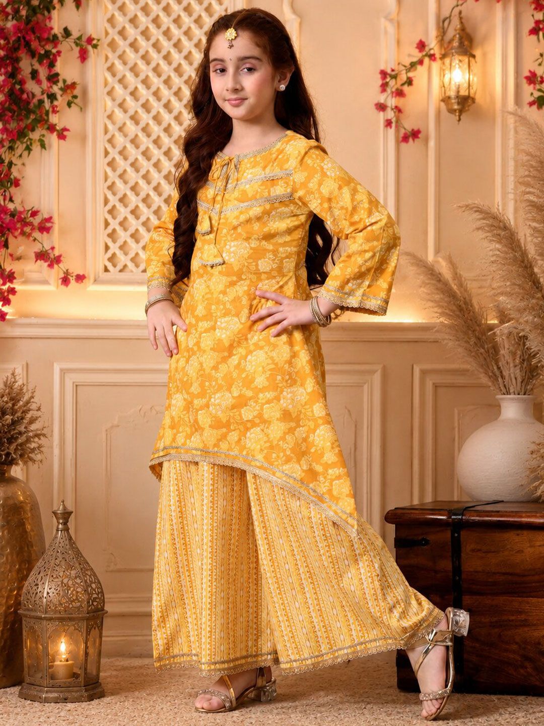 Indi Loom Couture Girls Yellow Floral Printed Kurta with Sharara Set ILKS77
