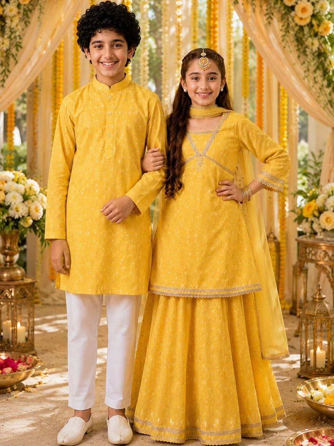Indi Loom Couture Girls Yellow Chanderi Booti Kurta Skirt with Dupatta Set ILLCD39