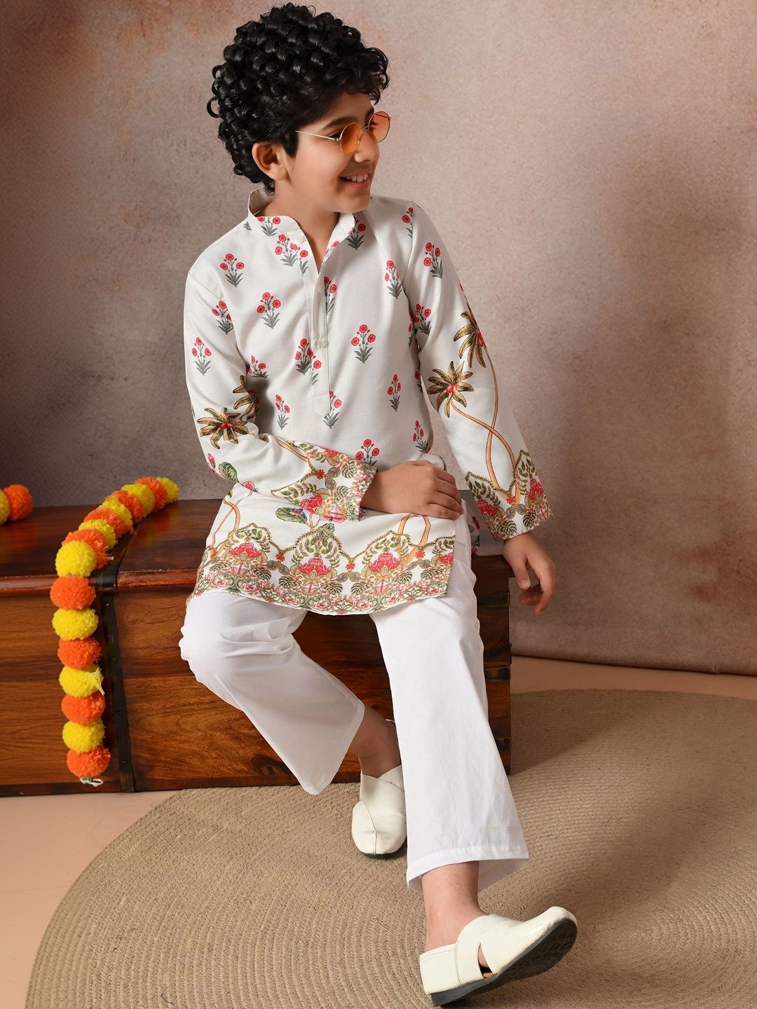 Indi Loom Couture Boys White Floral Printed Ethnic Kurta with Pajama Set ILBKS28