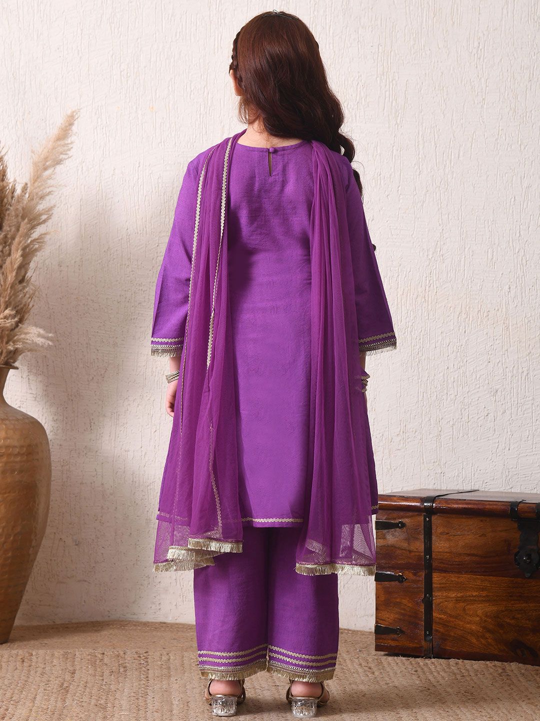 Girls Purple Embroidered Kurta with Trousers & Dupatta Set ILKSD56