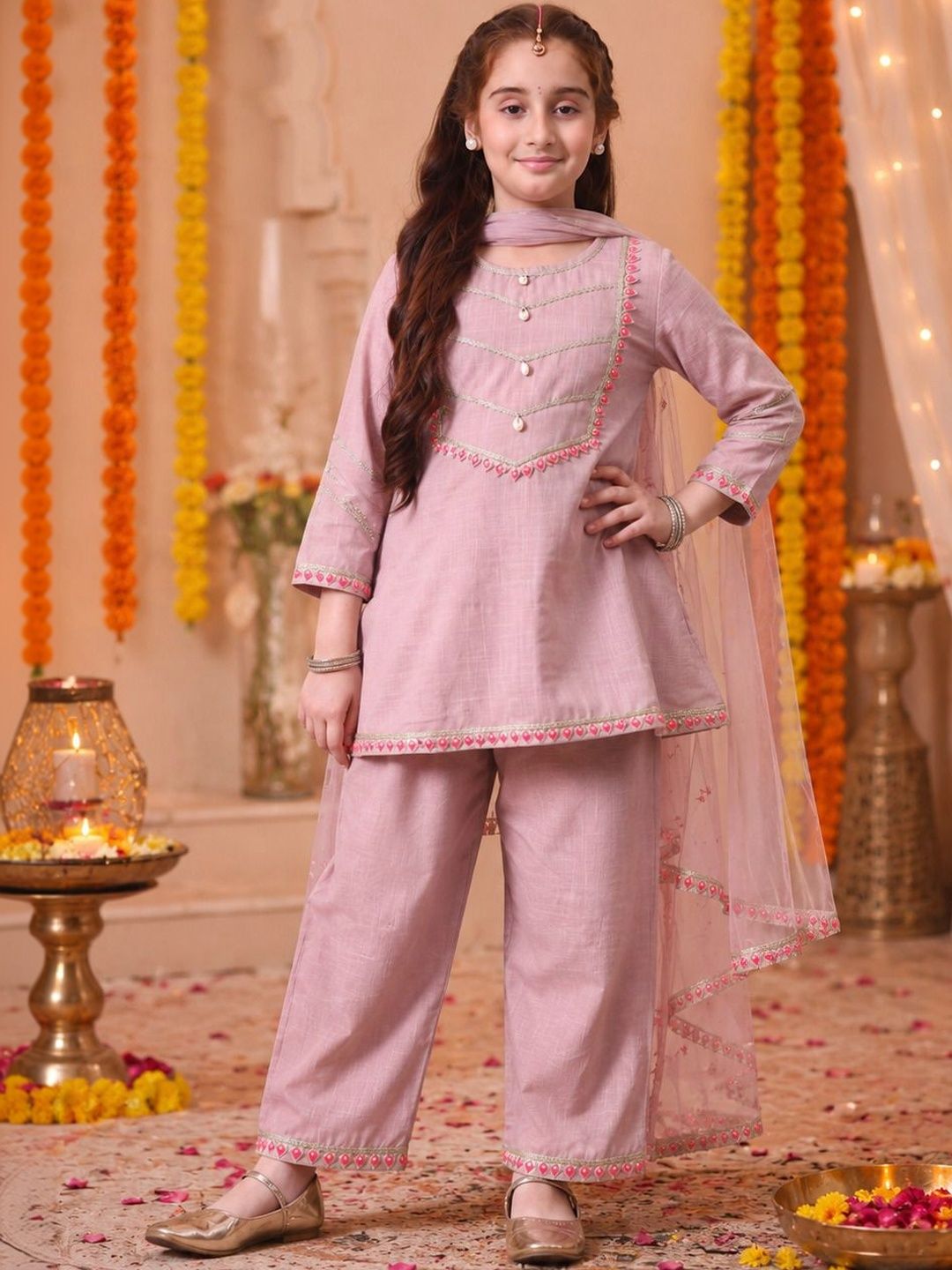 Girls Pink Embellished Kurta Palazzo Set with Dupatta ILKSD66