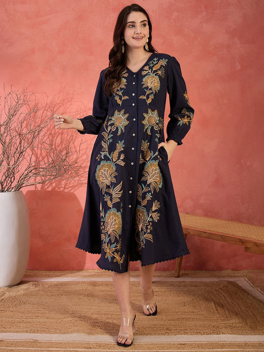 Zummer Floral Embroidered Shirt Maxi Dress