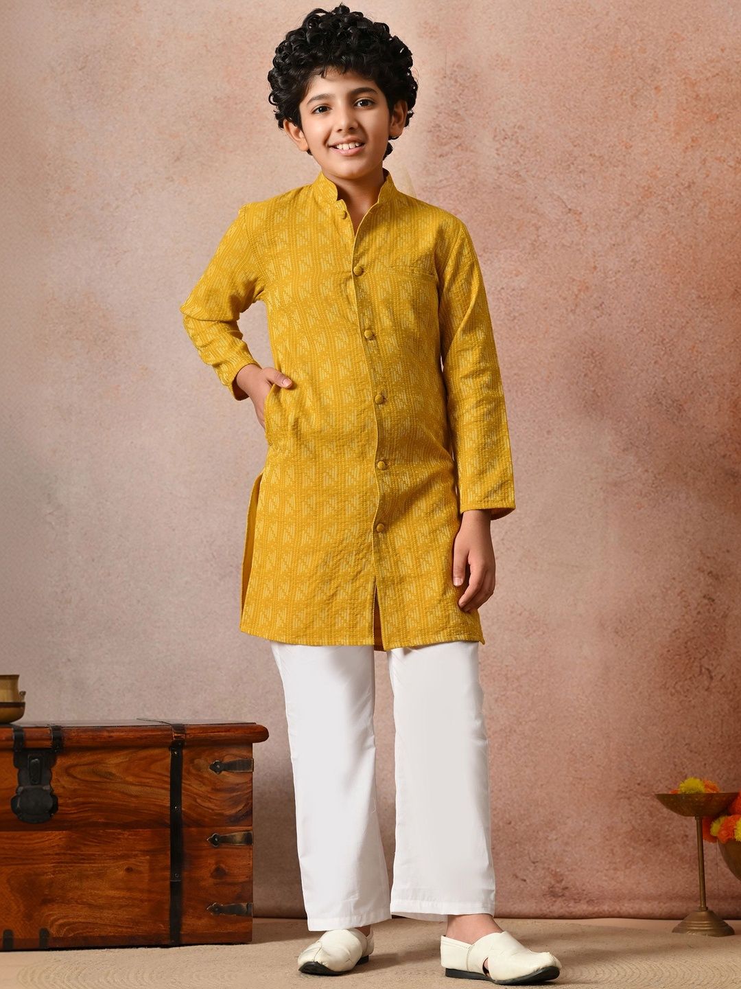Indi Loom Couture Boys Mustard Yellow Self Design Kurta with Pyjama Set ILBKS35
