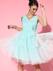 Sea Green V-Neck Tulle Belted Net Dress