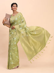 Sky Blue Linen Cotton Saree with Silver Zari Weave & Tassels – Festive & Elegant Office Wear