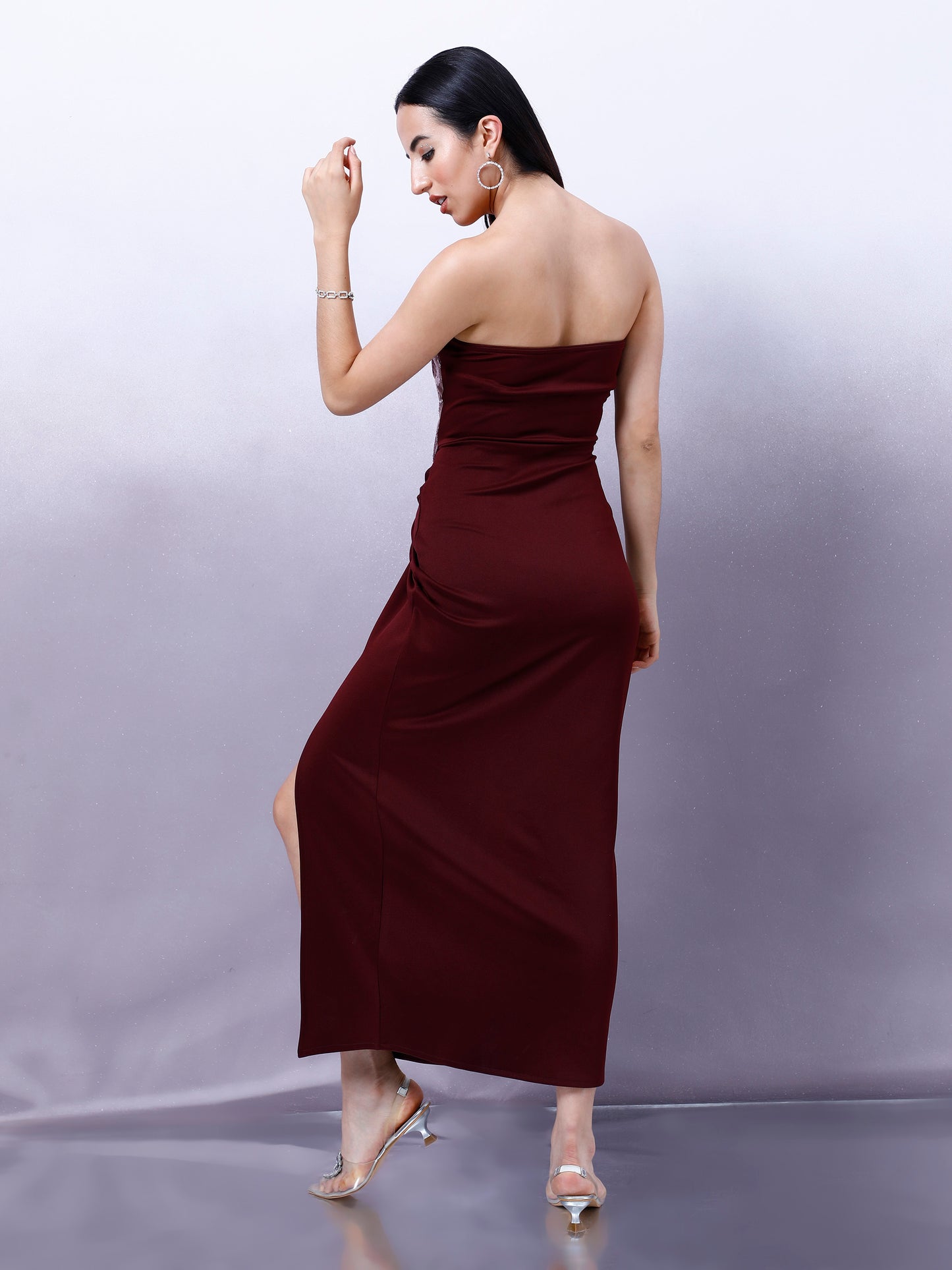 Women Sequinned Embellished Strapless Sheath Maxi Dress