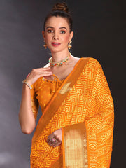 Women's Art Silk Yellow Printed Designer Saree With Blouse Piece