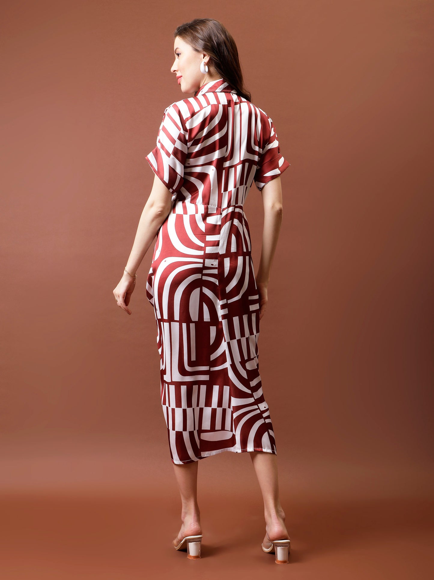 Printed Satin Shirt Collar Shirt Midi Dress