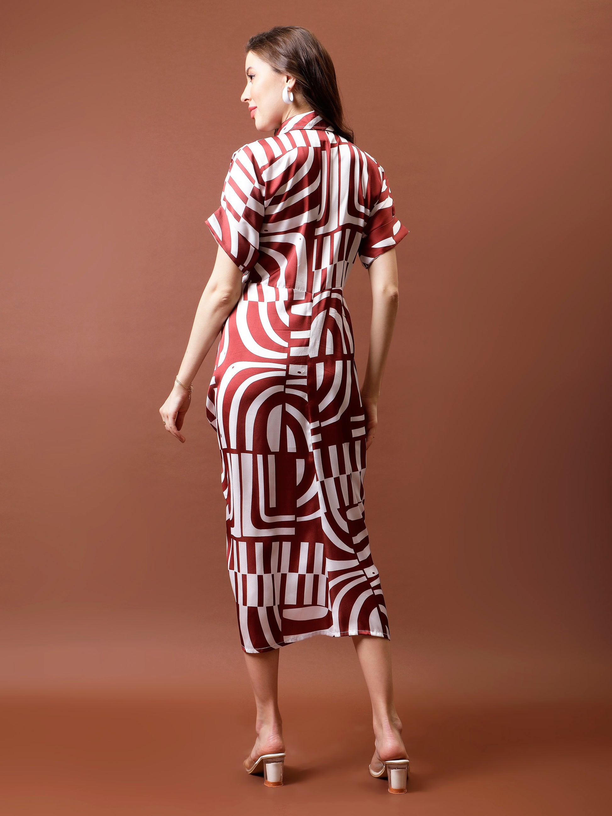 Printed Satin Shirt Collar Shirt Midi Dress