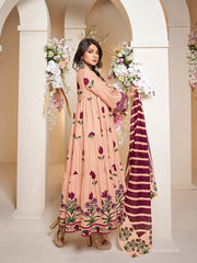 Peach Floral Printed Flared Tier Anarkali Kurta with Palazzos Dupatta.