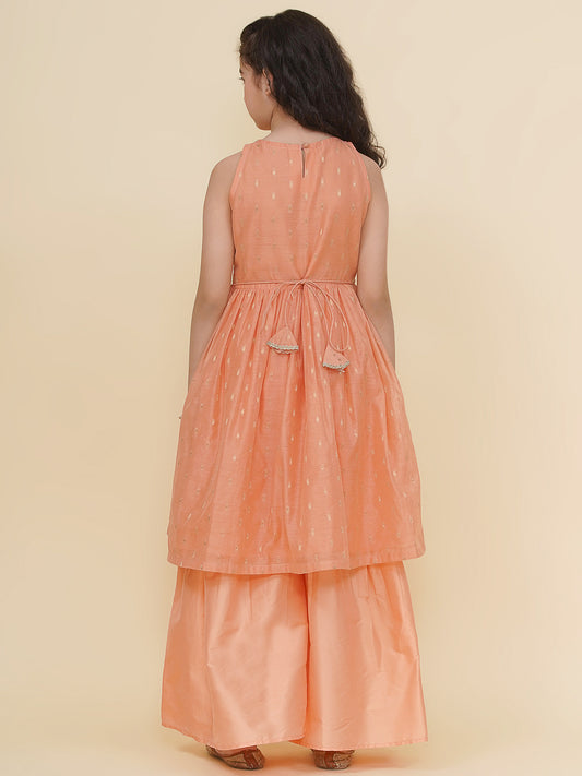 Girls Peach Self design Kurta with Sharara