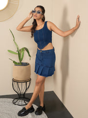 Women's Blue Denim Skirt with Pleat Detail