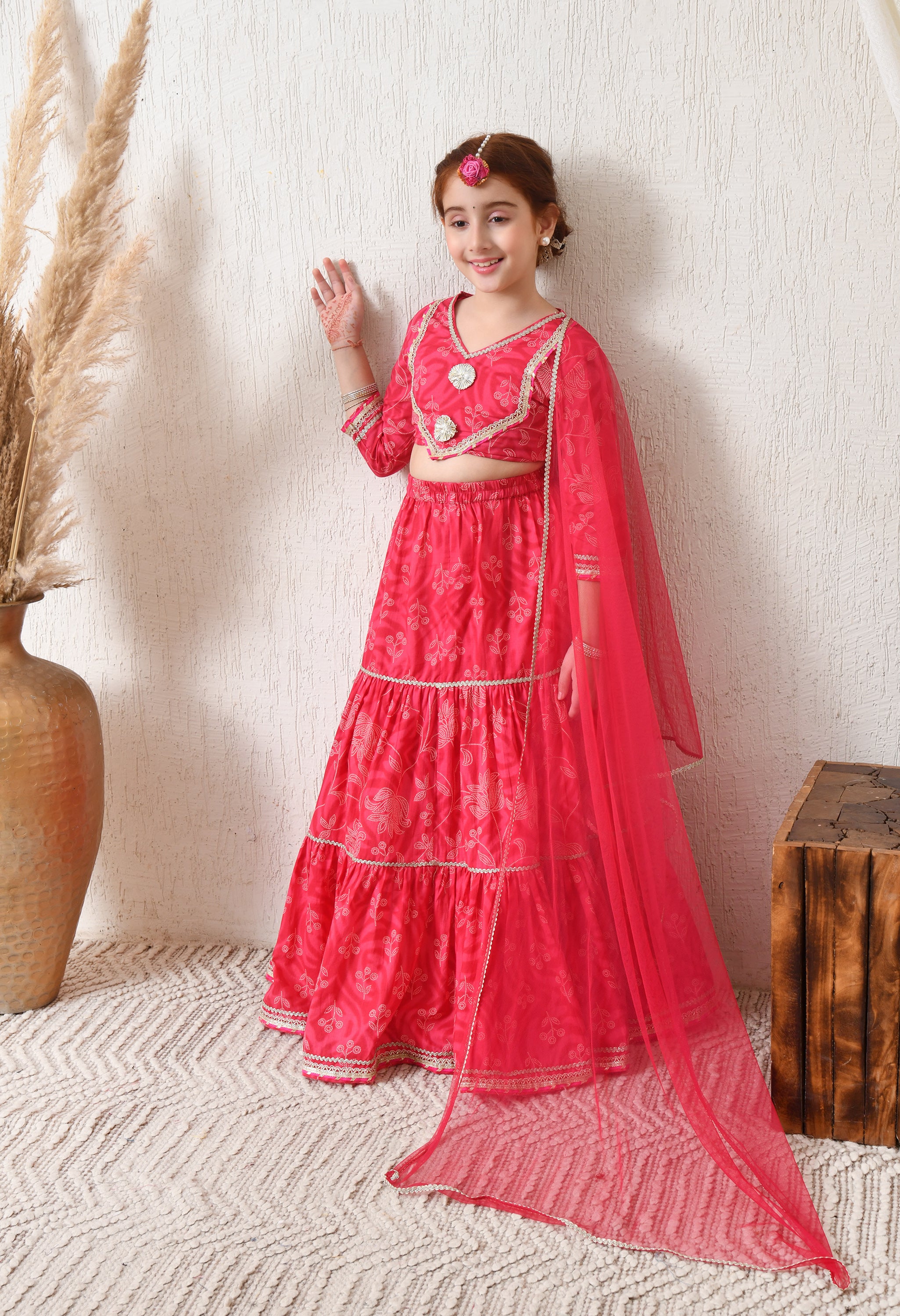 Girls Pink Tiered Lehenga Choli Set with Dupatta Traditional Festive Wear