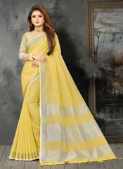 Elegant Peach Woven Linen Saree with Contrast Zari Border & Tassels – Soft & Breathable Party Wear