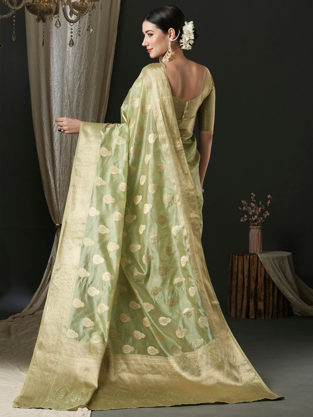 Women's Organza Light Green Woven Design Designer Saree With Blouse Piece
