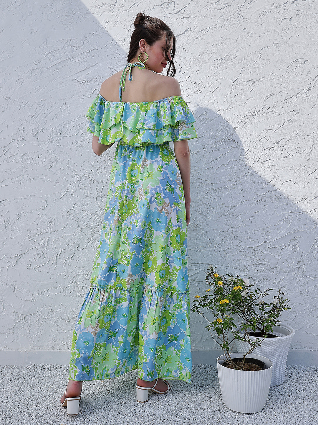 Green Floral Printed Halter Neck Tiered Gathered Crepe Maxi Midi Dress