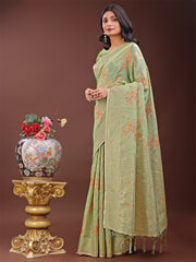 Elegant Orange Linen Cotton Saree with Floral Weave & Soft Gold Pallu – Graceful Choice for Casual, Office & Festive Looks