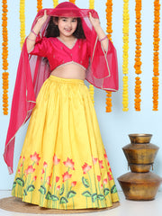 Girls Pink Embroidered Choli Yellow Ready to Wear Lehenga With Dupatta