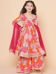 Girls Orange Multi Floral Printed Angrakha Gotta Patti Kurta & Sharara set With Dupatta