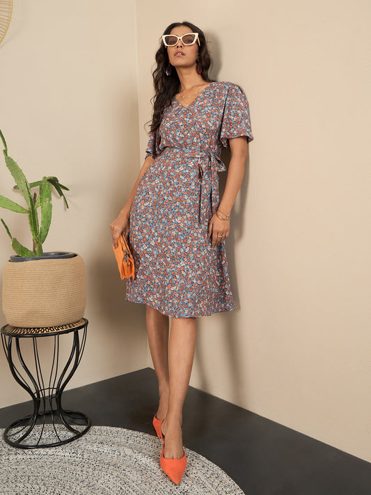 Women's Grey Floral Polyester Wrap Dress