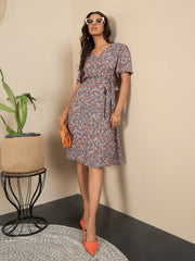 Women's Grey Floral Polyester Wrap Dress