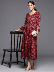 Varanga Women Maroon A-Line Dress With Round Neck