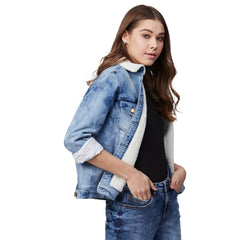 Women's Denim Jacket with Soft Warm Faux Fur Lining inside & Washed Pocket effect