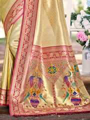Traditional Yellow Kanjivaram Silk Saree with Rich Red Border and Peacock Pallu Design