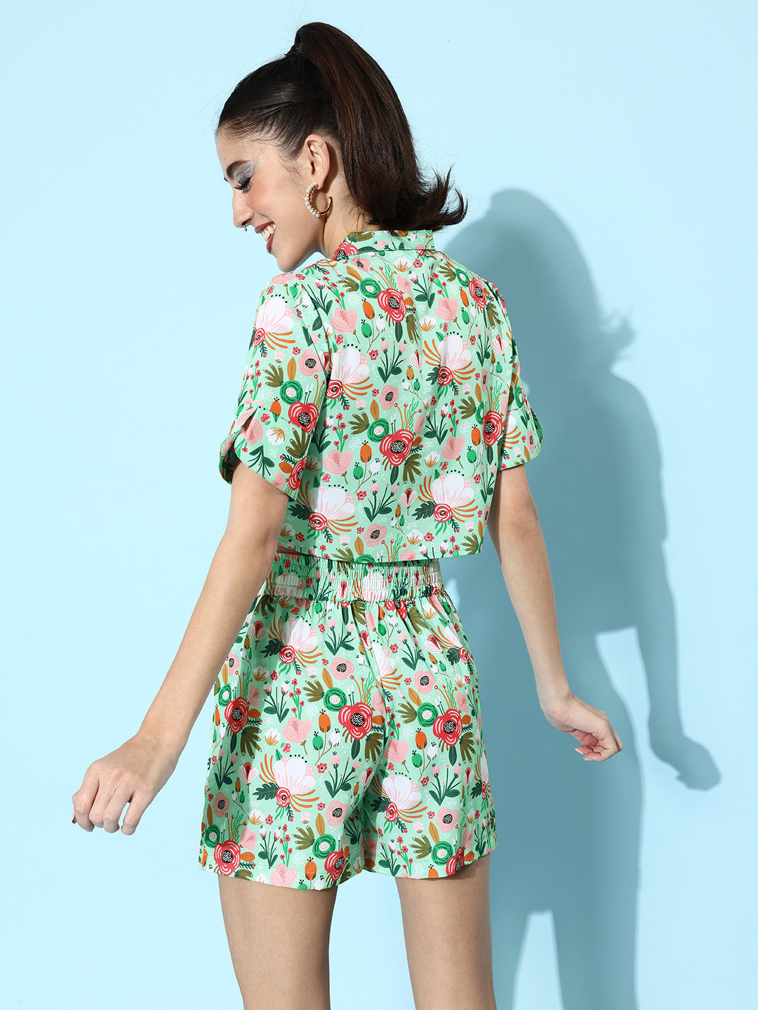 StyleStone Women's Floral Polyester Top and Shorts Co-Ord Set