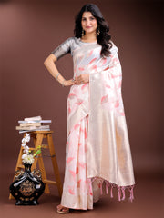Elegant White & Light Green Leaf Print Cotton Saree for Women with Zari Border & Tassels – Soft & Lightweight Daily Wear Saree