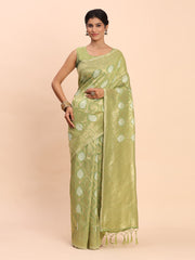 Sky Blue Linen Cotton Saree with Silver Zari Weave & Tassels – Festive & Elegant Office Wear