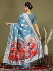 Green Floral Linen Cotton Saree with Zari Border & Digital Printed Pallu – Elegant Sari for Festive Occasions