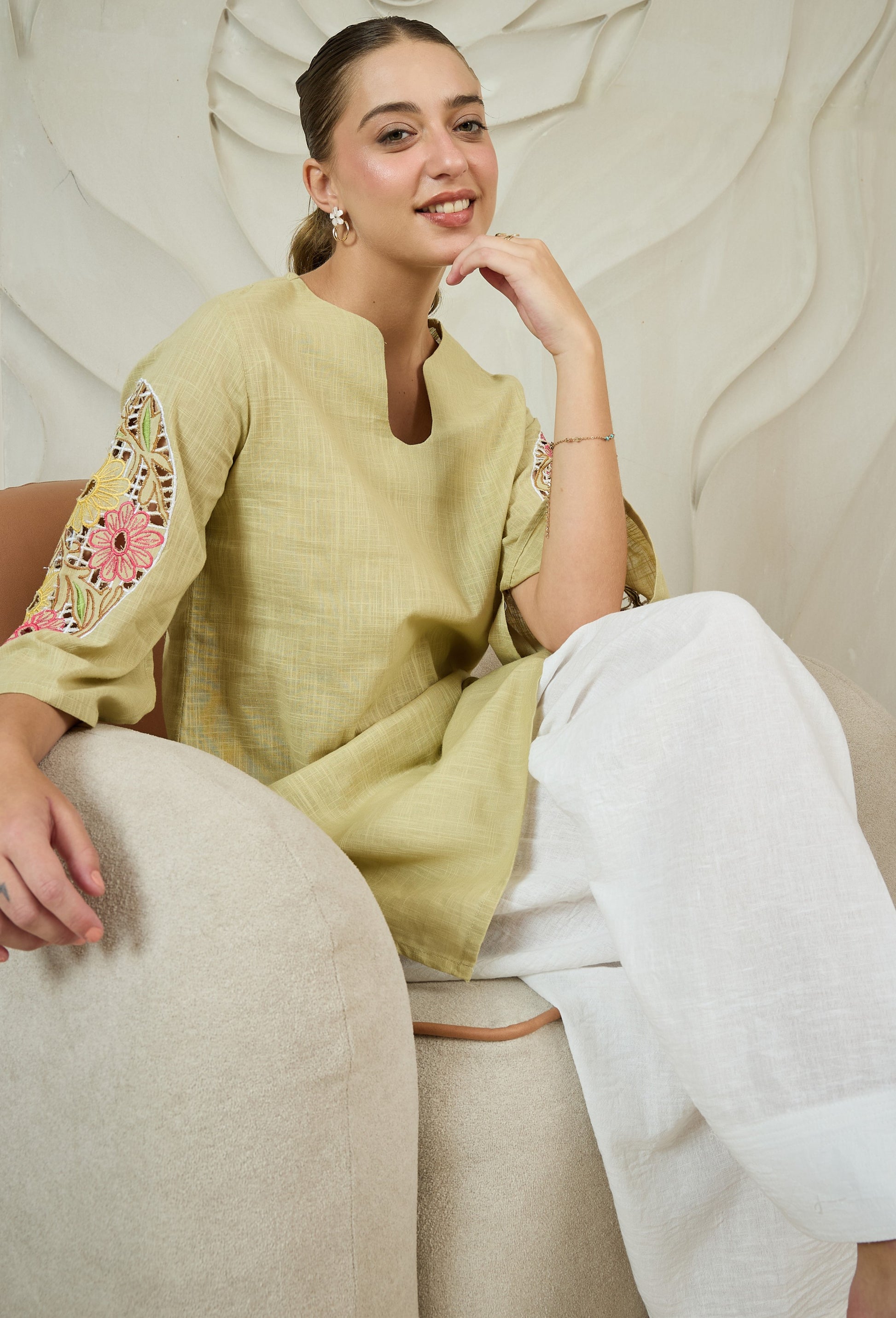 Women Farshi Floral Embroidered Notch Neck Patchwork Pure Cotton Kurta With Salwar