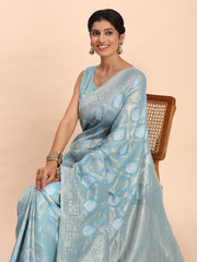 Sky Blue Linen Cotton Saree with Silver Zari Weave & Tassels – Festive & Elegant Office Wear