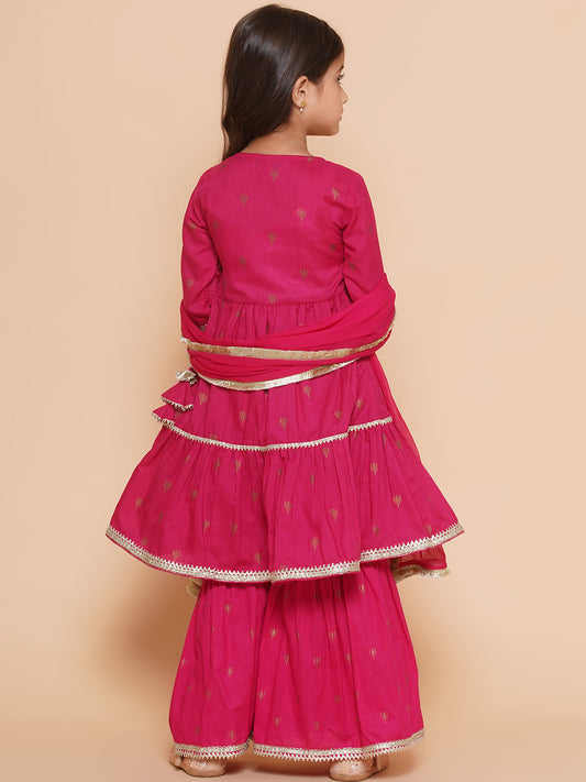 Girls pink Ethnic Motifs Printed Angrakha Gotta Patti Kurta With Sharara & Dupatta