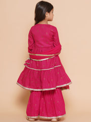 Girls pink Ethnic Motifs Printed Angrakha Gotta Patti Kurta With Sharara & Dupatta