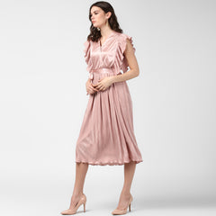 Women's Champagne Gold Satin Pleating Evening Midi Dress