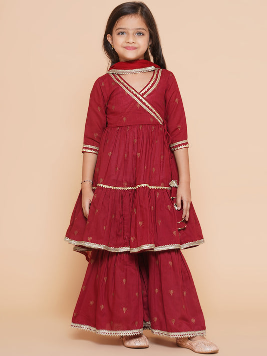 Girls Maroon Ethnic Motifs Printed Angrakha Gotta Patti Kurta With Sharara & Dupatta