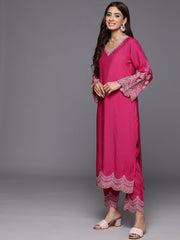 Women Pink Thread Embroidered V-Neck Straight Kurta With Bottom And Dupatta