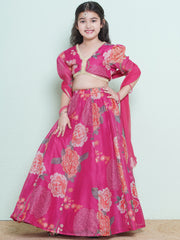 Girls Pink & Green Multi Printededed Ready to wear Lehenga & Choli with Dupatta