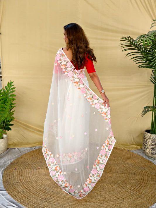 CHIFFON SAREE WITH ALL OVER DESIGNER EMBROIDERY PATTERN ALONGWITH BEAUTIFUL MOTIFS.