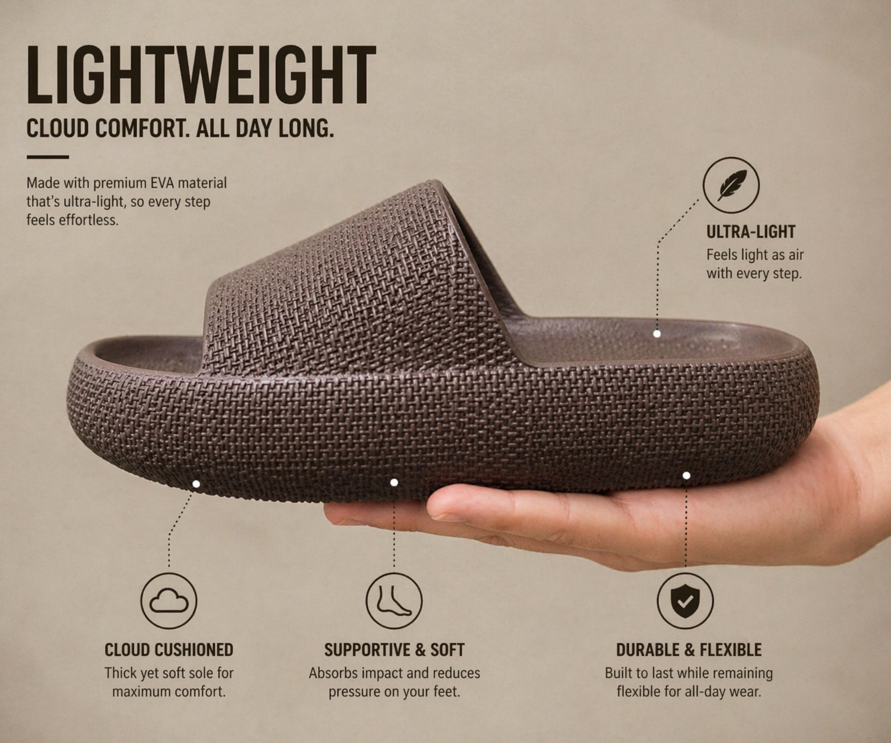 CloudFoam Pillow Slippers for Men Non Slip Quick Drying Shower Slides Bathroom Sandals  HA8201 Brown